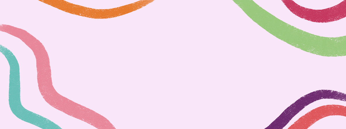 A pastel abstract pattern with wavy curved lines in orange, green, pink, teal, red, and purple on a light pink background.